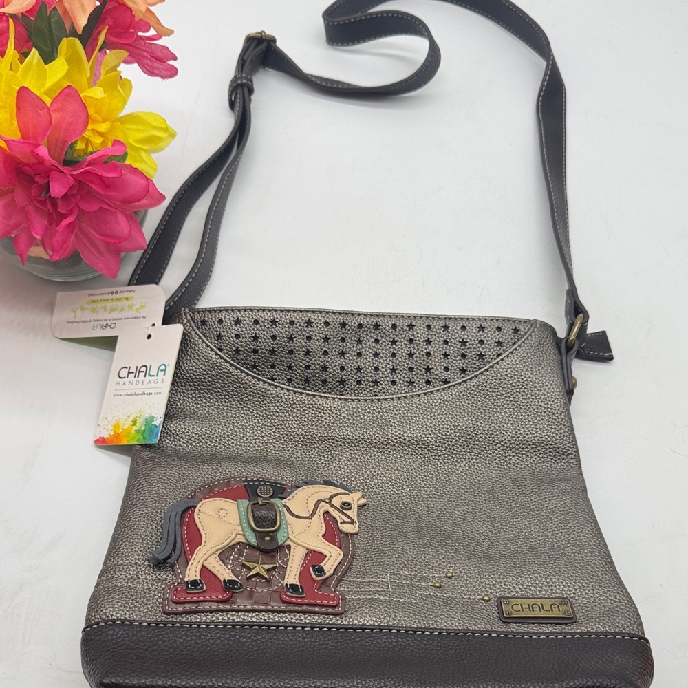Chala NWT Metallic Gray Crossbody Bag with Horse Accent MCB8366B